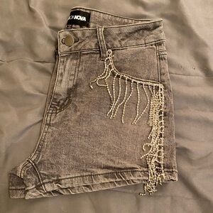 Fashion Nova Charcoal Denim Shorts with Beaded Fringe